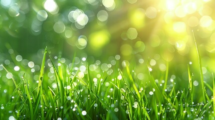 Obraz premium Green border of grass with water drop, sunlight and bokeh.