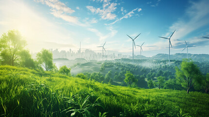 Hillside meadows and windmills generating electricity Concept of sustainable development green earth emphasize on environmental conservation and climate change using clean energy. Illustration - obrazy, fototapety, plakaty