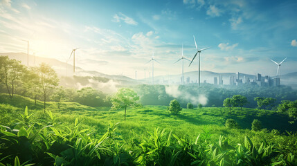 Hillside meadows fog and windmills generating electricity Concept of sustainable development green earth emphasize on environmental conservation and climate change using clean energy. Illustration