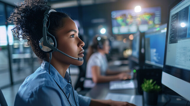 A customer support representative with a headset sitting at a call center desk, surrounded by screens and paperwork