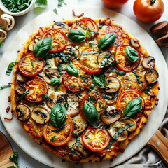 Vegan pizza with mushrooms and tomatoes, top view