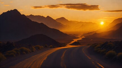  A low-level view of an empty old paved road winding through rugged mountain terrain as the sun sets in the distance.
