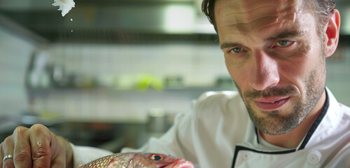 With precision and skill, a male chef expertly fillets a fish, his focused gaze meeting the camera with a sense of concentration and mastery - obrazy, fototapety, plakaty