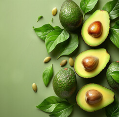 Halved avocados with leaves on green background, top view.