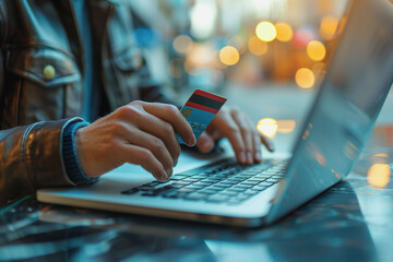 Man entered credit card information on a laptop. By emphasizing the convenience of online shopping. - obrazy, fototapety, plakaty