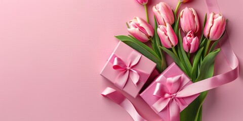 Mother's Day concept. Top view photo of stylish pink giftbox with ribbon bow and bouquet of tulips on isolated pastel pink background - obrazy, fototapety, plakaty