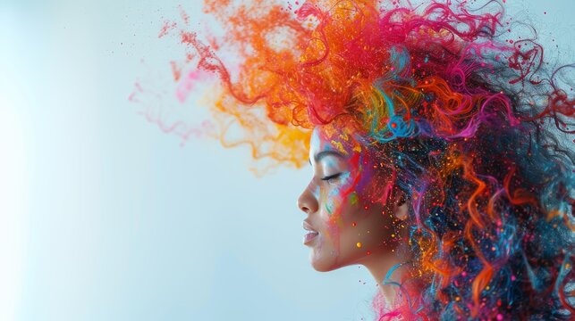 A side profile of a woman with a vibrant explosion of colorful powder in her curly hair, suggestive of dynamic creativity