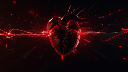 A striking visual of health and vitality through a red heart and pulse line on a black background, brought to life by a 3D animator,