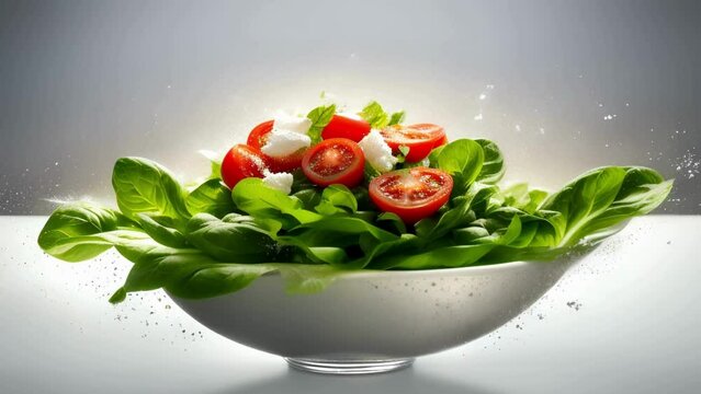 Fresh salad with tomatoes, vegetables, lettuce, cheese, and basil in a white bowl