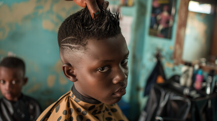 Attentive young black male sits for a haircut inside a vibrant, local barbershop in the township in Cape Town, South Africa , capturing a moment of daily life