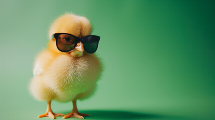 Cool cute little easter chick baby with sunglasses on green background with copy space, greetings card design.