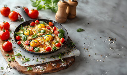 Delicious crepe with egg and tomatoes served on light gray table with copy space. HHealthy balanced breakfast - 768016733