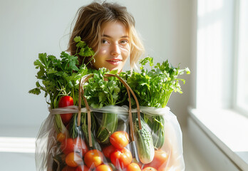 Young women holding transparent shopping bag with vegetables. Healthy lifestyle