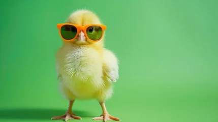 Fotobehang Cool cute little easter chick baby with sunglasses on green background with copy space, greetings card design. © paulmalaianu