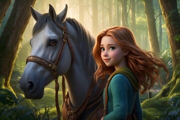 Obraz premium A young girl and her beloved horse, their bond unbreakable as they explore the enchanted forest together, surrounded by lush greenery and magical creatures. and beautiful scene , amazing ,