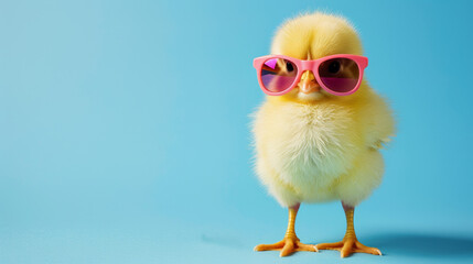 Cool cute little easter chick baby with sunglasses on blue background with copy space, greetings card design.