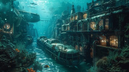 Envision an underwater fantasy scene where marine life and flora intertwine with elements of urbanity, such as submerged vehicles and buildings, illuminated by a bioluminescent glow. - obrazy, fototapety, plakaty