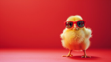 Cool cute little easter chick baby with sunglasses on red background with copy space, greetings card design.