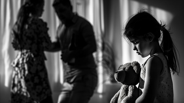 Child abuse: Black and white photo capturing a frightened child clutching a teddy bear with silhouettes of arguing adults in the background