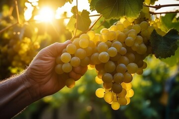 Farmers hands harvesting ripe grapes at sunrise, bountiful harvest and labor of farming