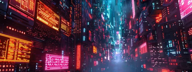 Fotobehang Futuristic AI firewall battling malware in a cyberpunk landscape, vivid colors. © Exnoi