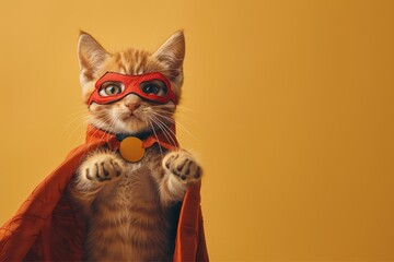 A cat with a red cape and an eye patch