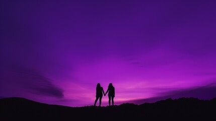 Two friends venture through a purple-hued wilderness at twilight, sharing a moment of adventure and exploration in a serene landscape