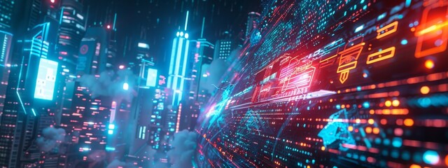 Futuristic AI firewall battling malware in a cyberpunk landscape, vivid colors. - obrazy, fototapety, plakaty