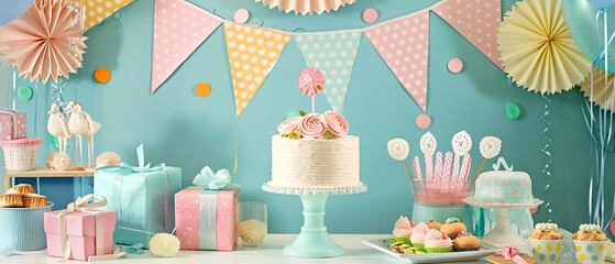 A cheerful scene of a baby shower with pastel decorations gifts - obrazy, fototapety, plakaty