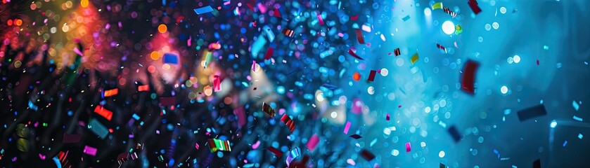 A burst of confetti and streamers falling over a crowd at a concert capturing the peak moment of celebration - obrazy, fototapety, plakaty