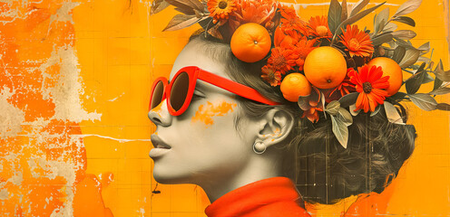 Abstract portrait woman with orange glasses and floral fruits wreath. Modern art trendy collage on bright background. Retro Grain Effect