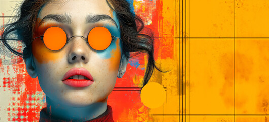  Abstract portrait woman with orange glasses. Modern art collage on  bright background.