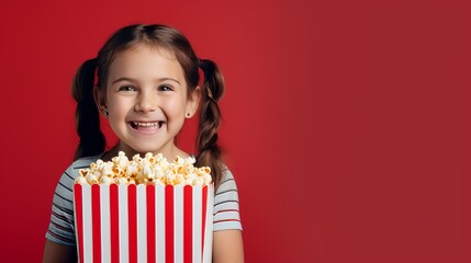Smiling child girl with ponytails enjoying popcorn from cinema box, movie time banner with copyspace