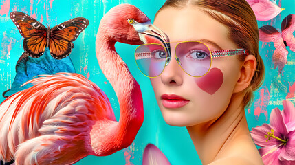 Exotic Wildlife and Beauty Fusion Artwork. A woman with sunglasses and a pink flamingo