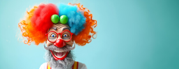 Toy Clown with Colorful Wig Smiling Happily. April Fool's Day concept.