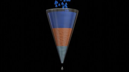 Percolation. Water moving through soil layers. Water filtration. Liquid moves through filter. Filtering of fluid in porous materials. Liquid passes, strained through filter. 3d render illustration. - obrazy, fototapety, plakaty
