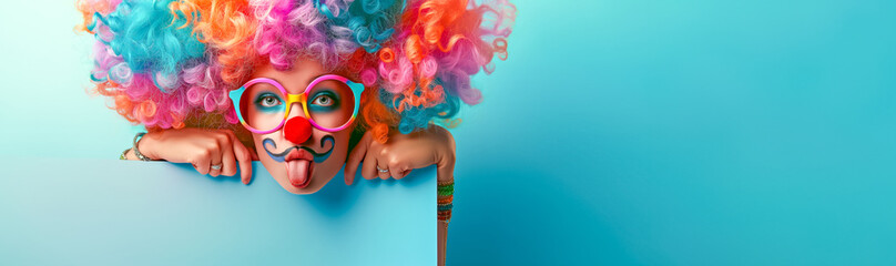 Clown with tongue-out, glasses, rainbow wig and bright makeup, closeup, blue background. April Fool's Day concept.