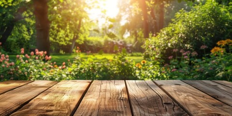 Empty wooden table in front of blurred spring or summer garden background. Banner for design
