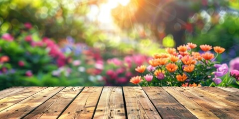 Empty wooden table in front of blurred spring or summer garden background. Banner for design