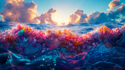 Colorful bubbles and spheres floating on the ocean's surface at sunset with vibrant clouds above - obrazy, fototapety, plakaty