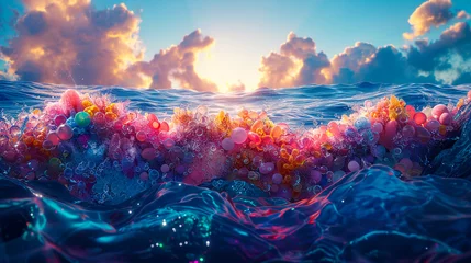 Fotobehang Colorful bubbles and spheres floating on the ocean's surface at sunset with vibrant clouds above © weerasak
