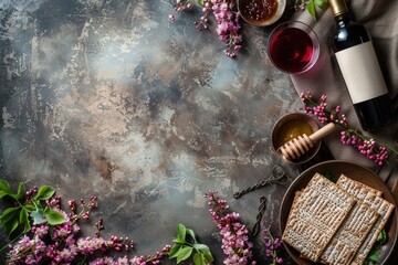 Top angle shot of a Passover table with traditional matza, wine, cups, honey spoon, linen and lilac blossoms, set against a grande grey textured surface with empty space. Generated AI - obrazy, fototapety, plakaty