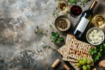 Passover gathering theme. Overhead shot of a festively set table with traditional matza, wine, and greenery accents. Elegant grande grey backdrop. Generated AI - obrazy, fototapety, plakaty