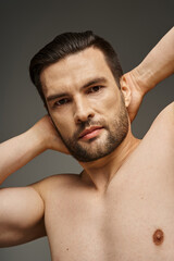 Obraz premium portrait of muscular and shirtless man with bare chest and bristle posing on grey backdrop