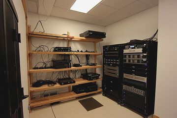 The server room has light. Very modern design with very neat cables on the shelf. - obrazy, fototapety, plakaty