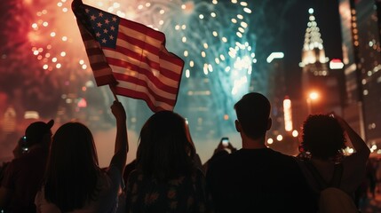 People holding USA flag, city fireworks backdrop, July 4 - USA Independence Day