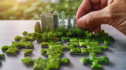 Hand carefully connects jigsaw puzzle pieces, featuring elements of a green cityscape, symbolizing the collaborative effort in building sustainable urban communities. - obrazy, fototapety, plakaty
