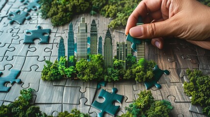 Hand carefully connects jigsaw puzzle pieces, featuring elements of a green cityscape, symbolizing the collaborative effort in building sustainable urban communities.