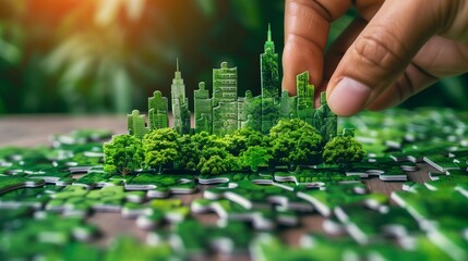 Obraz premium Hand carefully connects jigsaw puzzle pieces, featuring elements of a green cityscape, symbolizing the collaborative effort in building sustainable urban communities.