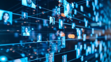 An illustration of a Virtual Meetings concept, showcasing the technical aspect with a network of digital avatars representing users in cyberspace, interconnected by glowing lines.